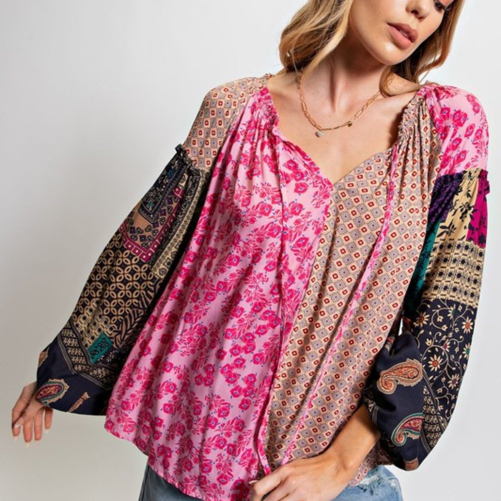 Easel Plus Pink Vintage Inspired Boho Long Puff Sleeve Top